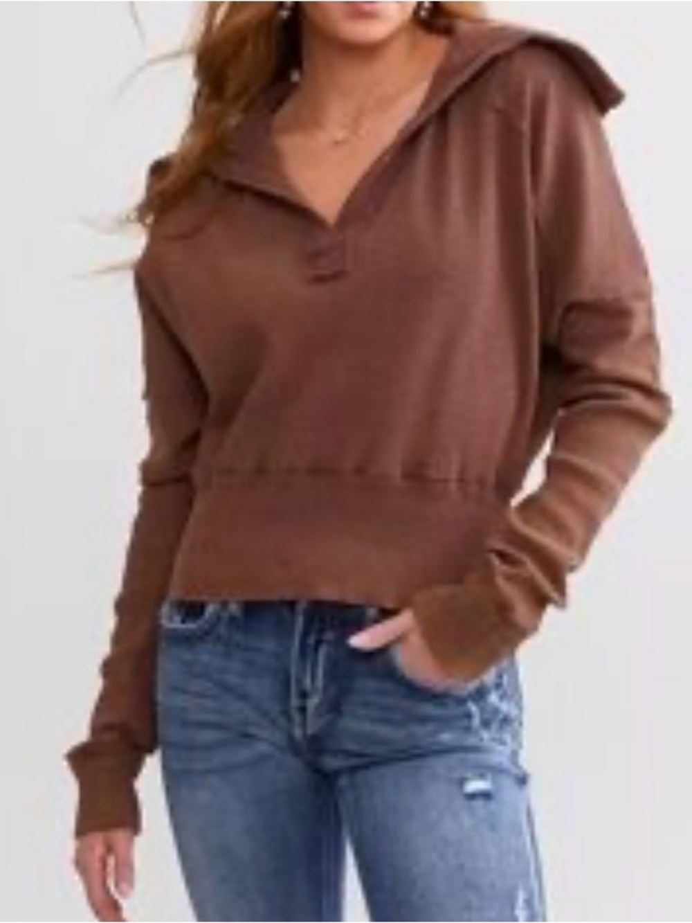 We The Free Brown Hooded V-Neck Sweater
